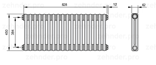 Схема (чертеж) Радиатор Zehnder Charleston 2045/18 №1270 Белый глянцевый RAL 9016